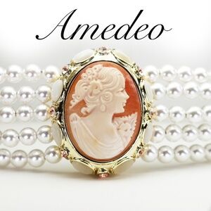 Amedeo Hand Carved Cameo Pearl Adjustable Bracelet